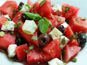 Refreshing watermelon salad with feta and black olives